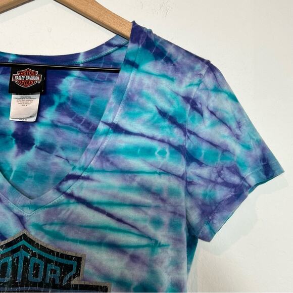 HARLEY DAVIDSON WOMEN SHORT SLEEVE BLUE PURPLE TOP SIZE MEDIUM - Picture 4 of 7